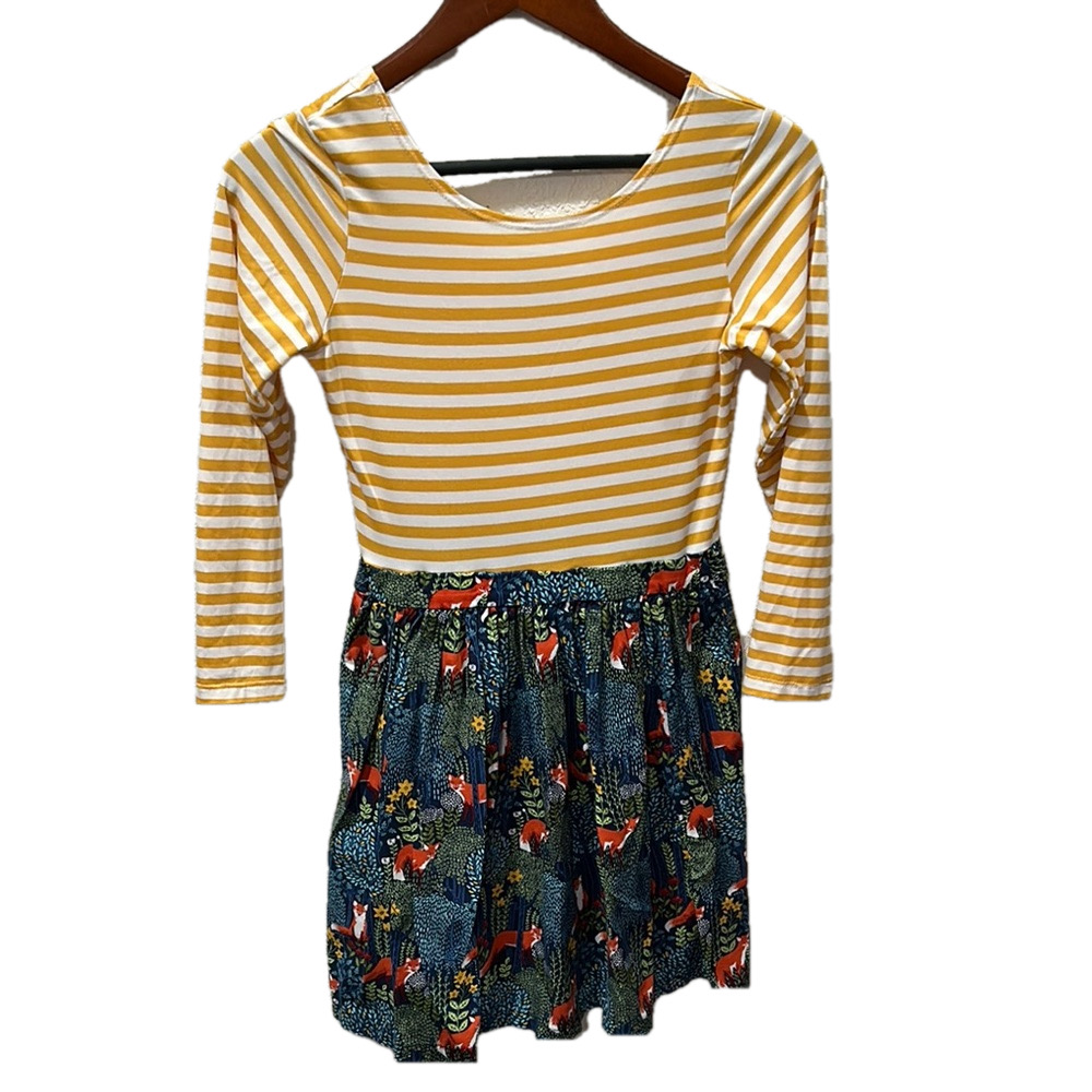 Fiveloaves twofish girls fox 🦊 Striped Yellow and Blue Kids Dress size 12 GUC